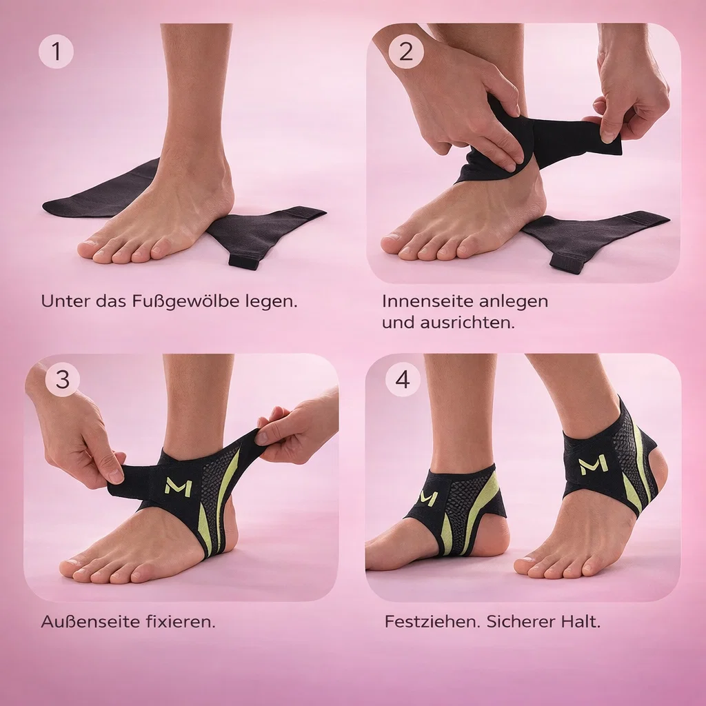 Step-by-step guide showing how to put on an ankle support brace and secure the straps