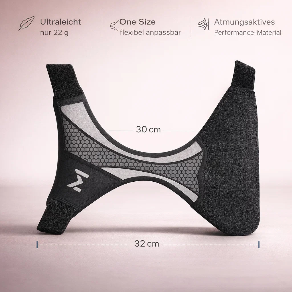 Ankle support brace laid flat showing stretch width and size dimensions”