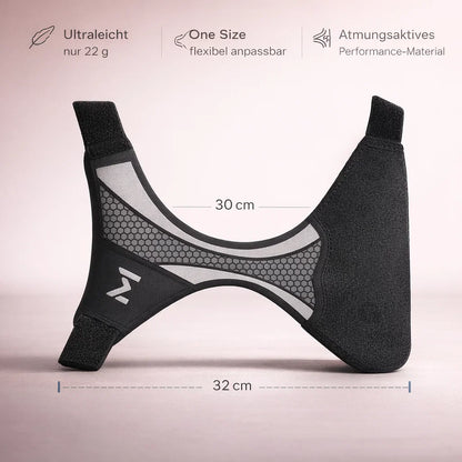 Ankle support brace laid flat showing stretch width and size dimensions”