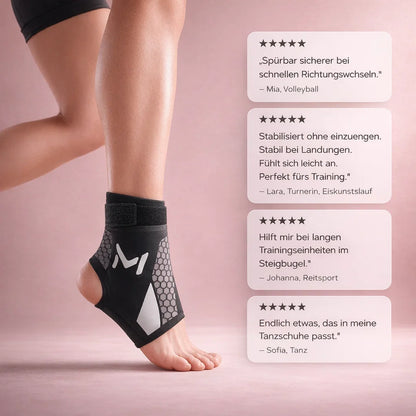 Person wearing ankle support sleeve with customer review quotes displayed beside it”
