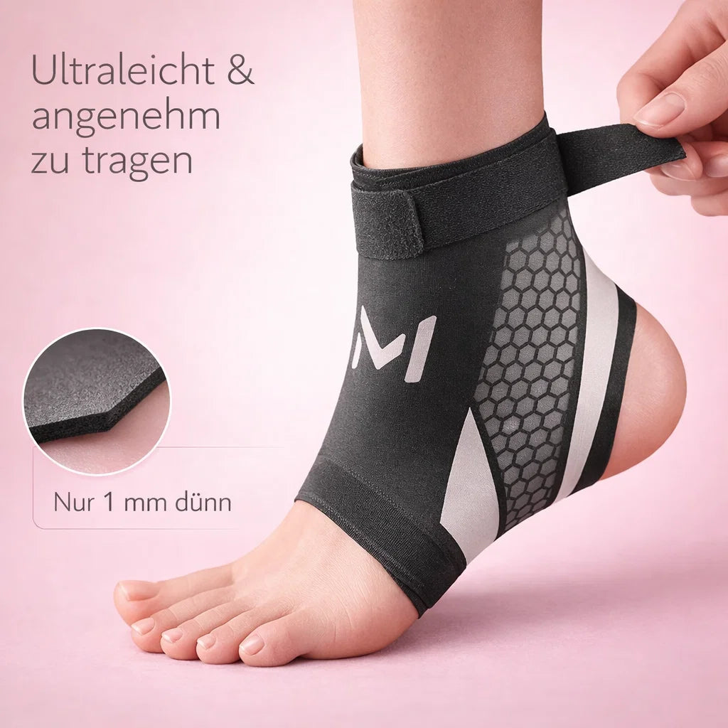 “Person wearing an ankle support brace with adjustable strap”